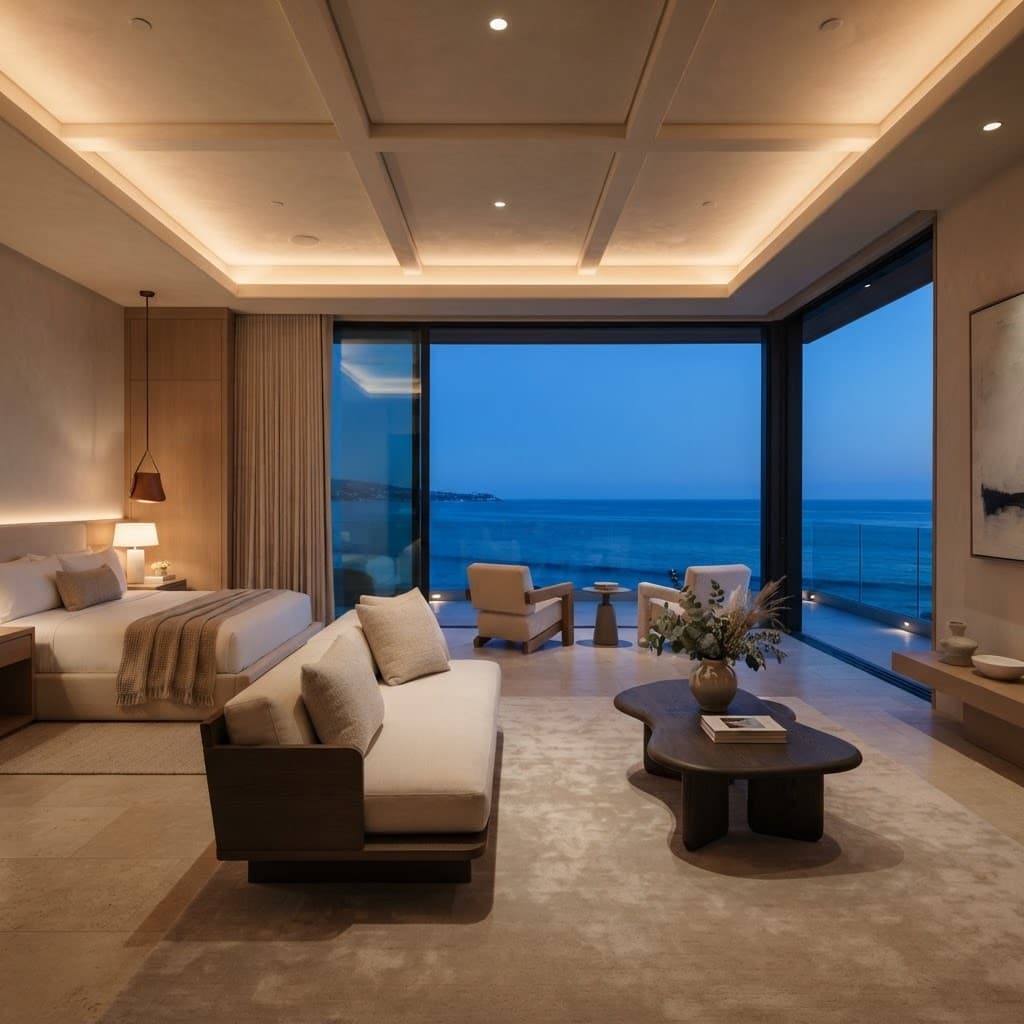 A serene contemporary hotel suite overlooking the ocean